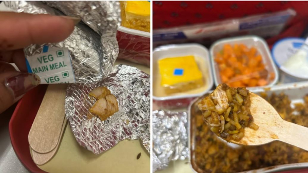 A female passenger on an Air India flight received pieces of chicken in her veg meals