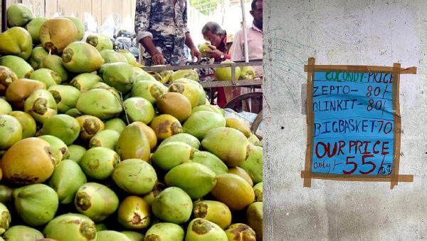 Bengaluru Street vendor selling Coconuts offers lower price than Zepto Blinkit Bigbasket in poster