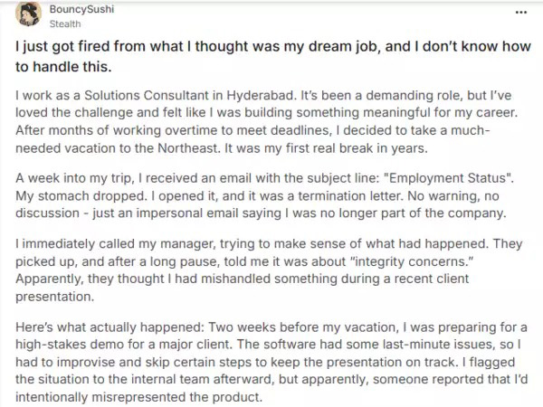 Hyderabad Techie suddenly fired from job revealed facts in post going viral Hyderabad Techie suddenly fired from job revealed facts in post going viral