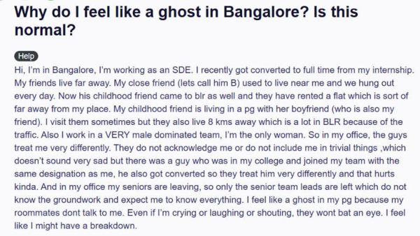 Bengaluru techie loneliness isolation at work mental health in IT industry tech worker depression loneliness in Bengaluru Bengaluru IT professional struggles work from home isolation urban loneliness India tech industry mental health life of IT employees in Bengaluru Bengaluru techie loneliness Bengaluru IT employee struggles PG life in Bengaluru workplace isolation urban loneliness India viral Reddit post Bengaluru women in IT challenges mental health in Bengaluru life of IT employees in Bengaluru Bengaluru traffic impact
