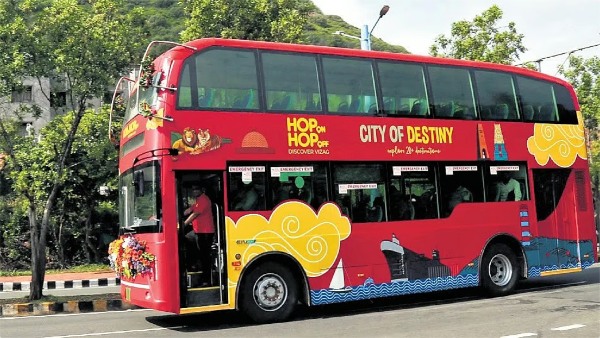 - - - LED GPS Discover Vizag Visakhapatnam Hop-on Hop-off Buses Electric Buses Double-decker Tourism Subsidy Beach Road Environmental Protection Smart City Sustainable Tourism LED Screens GPS