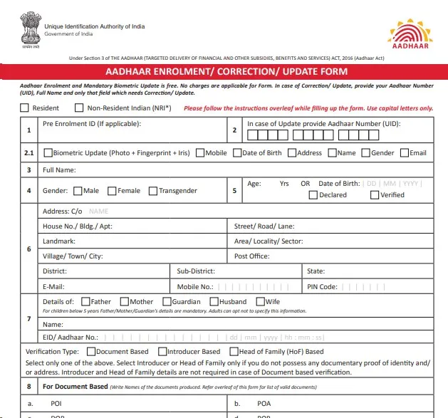 Aadhaar Card Application Form | Aadhaar Enrollment Form | Aadhaar Card ...